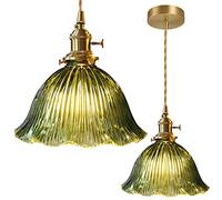 Nordic Glass Pendant Light Modern Bedside Chandelier Flowers Shape Adjustable Copper Hanging Lights Home Decor for Bedroom Dining Room Kitchen Island (green B)