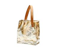 Nordic Ins Clear Flower Vase, Purse Vase for Flowers, Unique Handbag Shape Flower Vase with Leather Handles, Irregular Pleated Handbag Shaped Glass Vase for Centerpieces Home Wedding Party(L/golden)