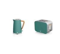 Nordic Jug Kettle, 1.7 Litre, Pine Green, Rapid Boil, 3kw, SK14610GREN & Nordic 2 Slice Toaster, Green, 900W, Soft Touch and Matte Finish, 6 Browning