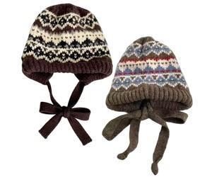 Nordic Knitted Hat for Girls 2Pcs Fair Isle Pattern Knitted Hats 2 in 1 Knitted Winter Warm Hat Set with Drawstring Convertible Crossbody Bag Fair Isle Stocking Beanies Hats for Women Girls