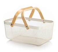 Nordic Metal Mesh Fruit Basket Bin With Double Wooden Handle Kitchen Wrought Iron Rectangle Storage Organizer Double Wooden Handle Bin