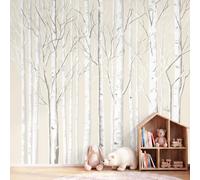 Nordic Minimalist Botanical Wall Mural Birch Trees Forest Beige Colour Wallpaper, Wall Decals Home Decor TV Background Large Art Wallpaper Painting Posters Decor 450 x 315 cm