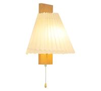 Nordic Minimalist Wall Light Fixture - Hardwired Bedside Sconce with Pull Cord Switch, Pleated Fabric Shade, Wooden Body for Living Room, Bedroom, Hallway