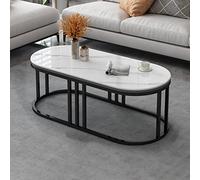 Nordic Modern Oval Coffee Table, 39'' Faux Marble & Sintered Stone Center Table with Industrial Metal Frame, Stylish Slate Tea Table for Living Room & Dining Room Décor, White & Black