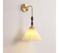 Nordic Modern Wall Sconce - Brass & Walnut Wood Bedside Reading Light with Pleated Fabric Shade