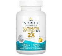 Nordic Naturals Ultimate Omega 3 2X, 2150mg Omega-3 Capsules High Strength Fish Oil Supplements with EPA and DHA and Vitamin D3, 60 Softgels, Lemon Flavour, Soy Free, Gluten Free
