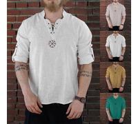 Nordic Pirate Linen Top for Men Cosplay Lace Up T Shirt for Historical and Fantasy Events (XXXXL Green)
