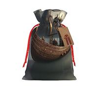 Nordic Pirate Ship Print Drawstring Christmas Gift Bag With Tags Reusable For Birthday Parties Gift Weddings Holiday