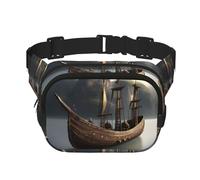 Nordic Pirate Ship Print Square Double Layer functionality Waist Bag Unisex Crossbody Pack Travel Workout, Black, One Size