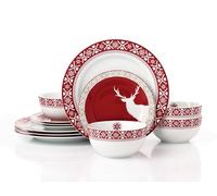 Nordic Reindeer Christmas Porcelain Dinnerware Set, 12 Pieces