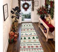 Nordic Reindeer Winter Quote Christmas Runner Rug 2x5 | Fair Isle Knitted Style, Bedside Runner Rug, Pine Tree Motifs, Seasonal Home Accents, Cozy Cabin Atmosphere