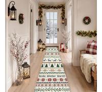 Nordic Reindeer Winter Quote Christmas Runner Rug 2x8 | Fair Isle Knitted Style, Bedside Runner Rug, Pine Tree Motifs, Seasonal Home Accents, Cozy Cabin Atmosphere