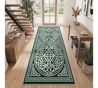 Nordic Rune Celtic Knot Non-Slip Hallway Runner Rug 80x240cm, | Rubber Backing Deep Ink Green Carpet Runner, Machine Washable Low Pile Dirt Trapper Mat for Kitchen, Entrance, Indoor