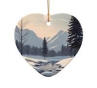 Nordic Simple Snow Scene Printed Heart Shape Ceramic Pendant, Perfect for Decorating Your Home Christmas Tree for Winter Parties