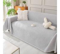 Nordic Solid-Colour Chenille Sofa Throw Slip-Resistant & Cat-Scratch-Proof Sofa Cover Couch Protector Loveseat L Shaped Covers with Tassel,Suitable for All Seasons(Size:180x420cm,Color:Light grey)
