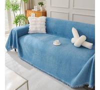 Nordic Solid-Colour Chenille Sofa Throw Slip-Resistant & Cat-Scratch-Proof Sofa Cover Couch Protector Loveseat L Shaped Covers with Tassel,Suitable for All Seasons(Size:180x130cm,Color:Light blue)