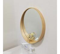 Nordic Solid Wood Bathroom Mirror Round Makeup Mirror without Copper Wall Mounted Mirror with Storage Shelf (Yellow 50cm 19.69in)
