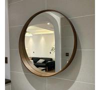 Nordic Solid Wood Bathroom Mirror Round Makeup Mirror without Copper Wall Mounted Storage Mirror with Shelf (Walnut 50cm 19.69in)