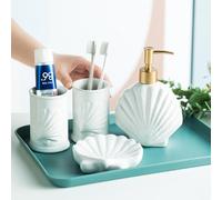 Nordic Starfish Shell Bathroom Wash Set, Ceramic 4 Piece Bathroom Accessories Wash Cup Soap Dish Soap Dispenser Simple Decorations For Model House,Shells 4Pcs,As Shown