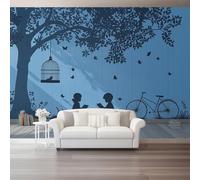 Nordic Style Dark Blue Tree Shadows Children's Figures Photo Wallpaper Mural - Non-Woven Premium Wall Covering, Large 3D Art Poster Decoration for Living Room Bedroom Home Decor 400 X 280 Cm