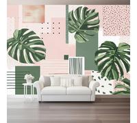 Nordic Style Pink Monstera Deliciosa Geometric Patterns Photo Wallpaper Mural - Non-Woven Premium Wall Covering, Large 3D Art Poster Decoration for Living Room Bedroom Home Decor 400 X 280 Cm