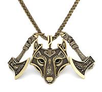 Nordic Viking Celtic Wolf Head Double Axe Pendant Men Necklace, Odin Norse Mythology Fenrir Crow Axe Amulet,Middle Ages Charm Scandinavian Pagan Jewelry (Color : Bronze)