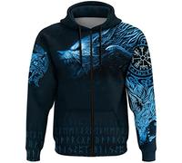 Nordic Viking Celtic Wolf Hoodie, Pagan Vegvisir 3D Print Odin Fenrir Men Rune Retro Streetwear Sweatshirt,Blue Zip,L
