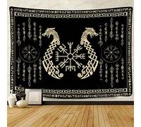 Nordic Vikings Tapestry, Large 40x30inches Soft Flannel, Vegvsir Symbol Twins Dragons Celtic Rune Scandinavian Aesthetic Mythology Tapestry Wall Hanging for Bedroom Living Room Decor GTZYFS1724