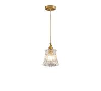Nordic Vintage-Inspired Pendant Light, Clear Fluted Glass Bell Shade Hanging Lamp, Gold Finish LED Ceiling Fixture for Bedroom Bedside, Living Room, Hallway, Cafe Decorative Lighting