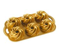 Nordic Ware 88077 Heritage Bundtlette Cast Aluminium Bundt Tin, Makes 6 Mini Cakes with Swirled Pattern, Made in The USA, Colour: Gold