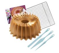 Nordic Ware Brilliance Bundt Pan Gold 10 Cup Capacity With Bundt Finishing Tool Kit + Cooling Rack and Recipe Card