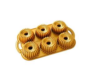 Nordic Ware Brilliance Bundtlette Pan, Cast Aluminium Mini Bundt Tin, Bundt Cake Tin for 6 Cakes, Premium Cake Mould Made in The USA, Colour: Gold (NW 93377)