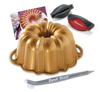 Nordic Ware Original 12 Cup Anniversary Gold Bundt Pan With 3 in 1 Bundt Cleaning Tool + Recipe Card and Kitchen Grips Heat Resistant Pot Handle Holder