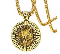 Nordic Wolf Jewellery Gold Plated Norse Rune Pendant Viking Necklace Stainless Steel Fenrir Charm for Luck Mythology Gifts for Women