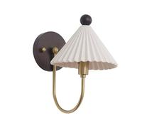 Nordic Wood Wall Sconce, Japanese-style Bedside Lamp with Pleated Ceramic Shade, Hardwired Vintage Walnut Lighting Fixture, E14 Indoor Wall Light for Home Decor