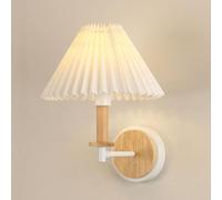 Nordic Wood Wall Sconce Retro Bedside Wall Mount Lamp with White Pleated PVC Fabric Shade, Elegant Wooden Home Decor Lighting Fixture for Bedroom Living Room, E27 Socket