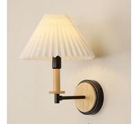 Nordic Wood Wall Sconce Retro Bedside Wall Mount Lamp with White Pleated PVC Fabric Shade, Elegant Wooden Home Decor Lighting Fixture for Bedroom Living Room, E27 Socket