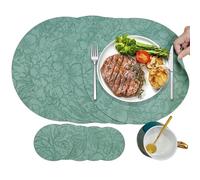 NORDICANA Round Placemats and Coasters Set of 6, Leather Floral Placemats (33cm), Heat Resistant Waterproof Non Slip Washbale, Dual Sided Place Mat, for Kitchen Dining Table Home Restaurant, Green