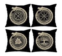 Nordics Vikings Runes Throw Pillow Covers Tree of Life,Norse Fantasy Dragon Pillow Covers 4 Set Runic Compass Vegvisir Outdoor Pillow Cases Cushion Covers for Living Room Couch Sofa Gift(18 x18 Inch)