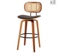 Nordlys Set Of 2 Bar Stools In Ash Wood And Rattan Black Modern Design Style Dining Room
