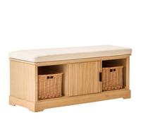Nordlys Wooden Entry Bench 1 Door 2 Storage With Beige Velvet And Baskets Exotic Boho Entryway