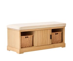 Nordlys Wooden Entry Bench 1 Door 2 Storage With Beige Velvet And Baskets Exotic Boho Entryway