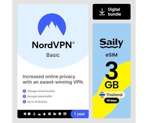 NordVPN Basic, 10 Devices, 1-Year + Saily, eSIM Data Plan for Thailand 3GB/30 Days, Activation by e-mail