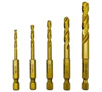 NordWolf 5-Piece HSS M2 Drill Bit Set, Titanium Nitride Coating with 1/4" Hex Shank, SAE Sizes 1/8"-5/32"-3/16"-1/4"-5/16" in Storage Case
