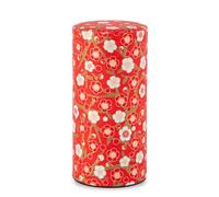 NOREN Japanese Tea Canister Tin (Yuzen Washi Paper - Plum/Red), 7.06oz Size/Made in JAPAN with Includes Inner Lid of Airtight Damp-Proof/Kitchen Jar for Loose Leaf Coffee Tea Spice and More