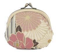 NOREN Japanese Vintage Kiss Lock Coin Purse with Clasp Closure (Retro Floral PinkBeige) for Women Kimono Pattern Makeup Pouch