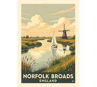 Norfolk Broads England Vintage Travel Art Print, Windmill and Sailboat Design. Size A4
