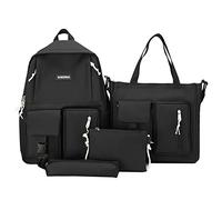 Norheim 4 pcs Canvas Backpack Combo Set School Bags with Crossbody Bag Pencil Box Casual School Bag for Teenage Girls Women Backpack College Student Laptop Backpacks Black