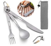 Norhogo 3-Piece Titanium Tableware Set, Spoon Spork Knife, Portable, Lightweight Camping Cutlery, Professional Tableware with Carabiner Clip for Travel, Picnic, Hiking, Home Use