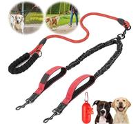 Norhogo 360° Swivel Heavy Duty Reflective Leash, Reflective Bungee Split Lead, Double Dog Lead for Walking 2 Dogs, Rope Bungee Dual Leash with a bin bag organiser, Red, 8-35lbs-M